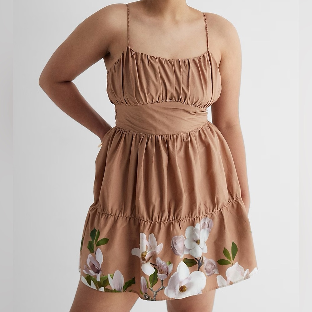 Express-Floral Ruched Tiered Poplin Mini Dress